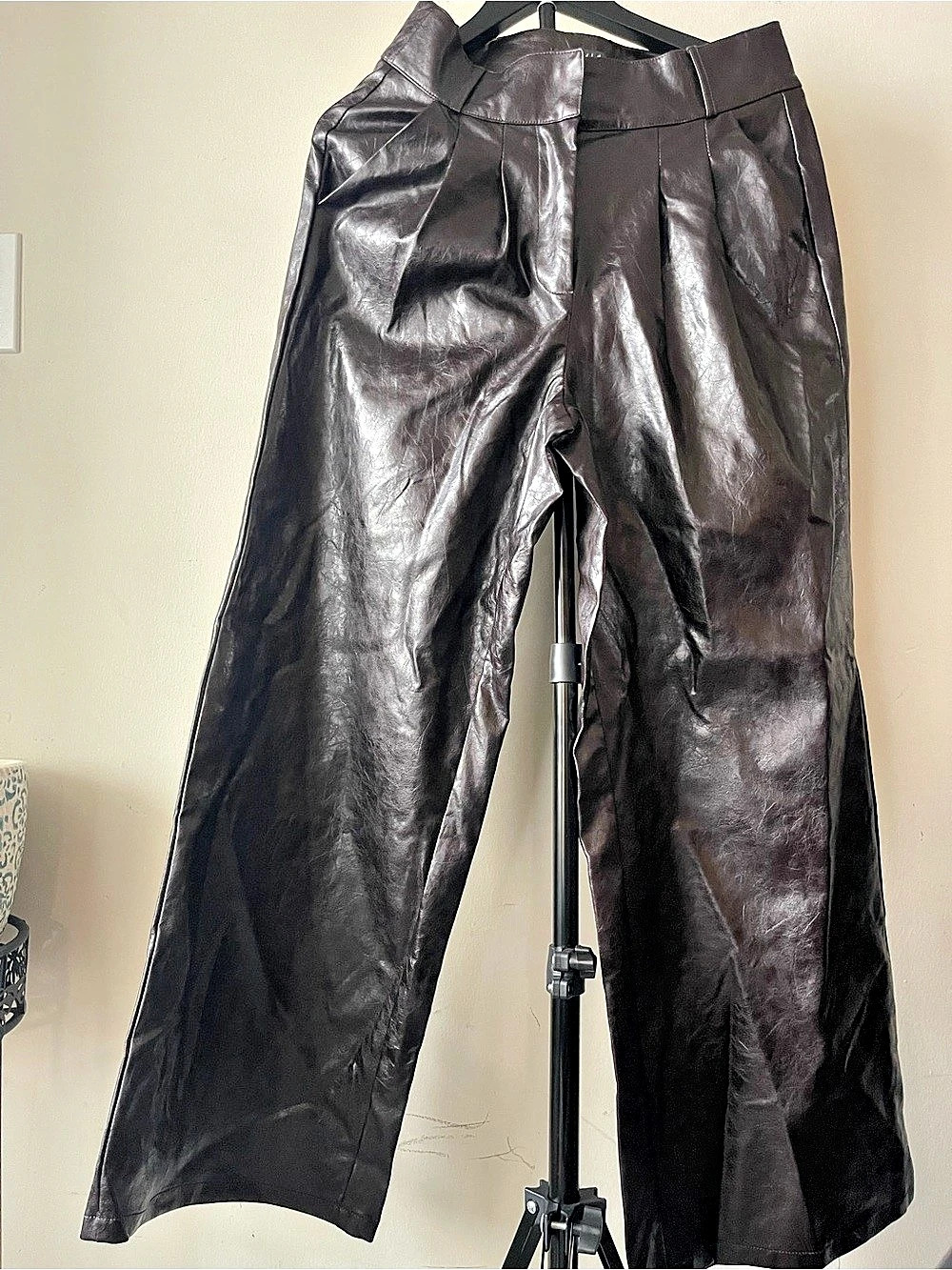 River Island x Somewhere To Go Espresso Faux Leather Wide Leg Pants US 6
